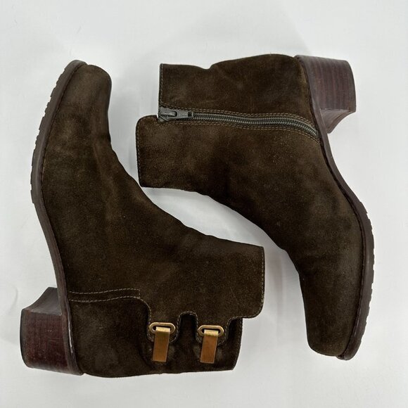 Stuart Weitzman Brown Suede Brass Buckle Stacked Heel Zipper 7 Ankle Boots - Picture 3 of 8